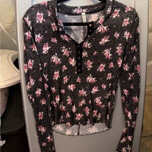 Free People Black Waffle Henley with Pink Floral Print